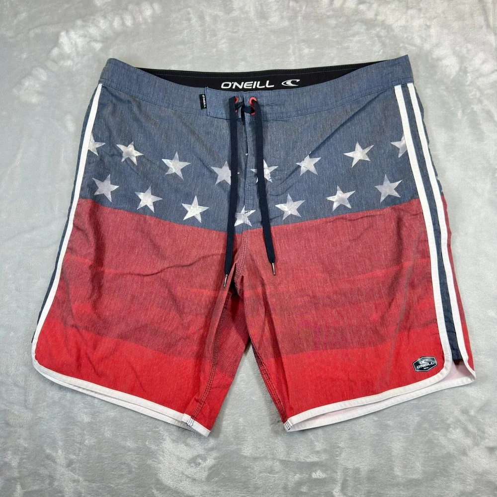 O'Neill Board Shorts Mens 38 Red Blue Stars Patriotic Hyperfreak Stretch Trunks